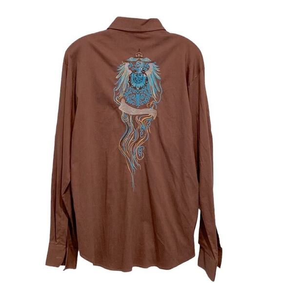 APRICOTTREE Men long sleeve shirt gorgeous blue and gold embroidery stretchy L - Picture 5 of 9